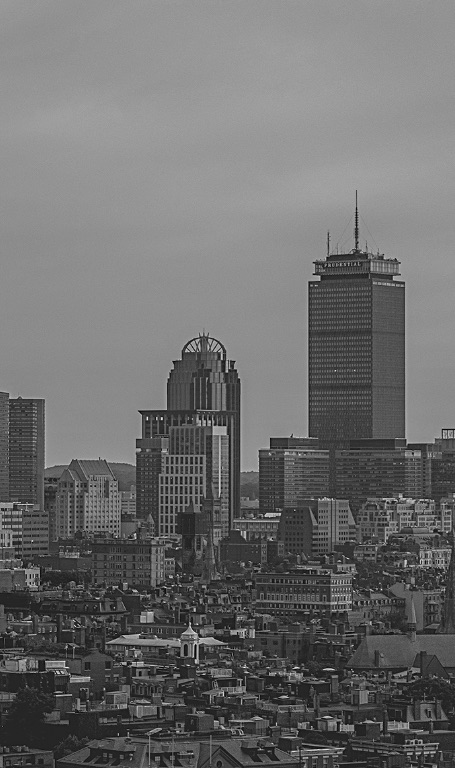 A black and white cityscape featuring a skyline with prominent high-rise buildings. The foreground displays densely packed urban architecture, while the background showcases taller, iconic skyscrapers under an overcast sky.