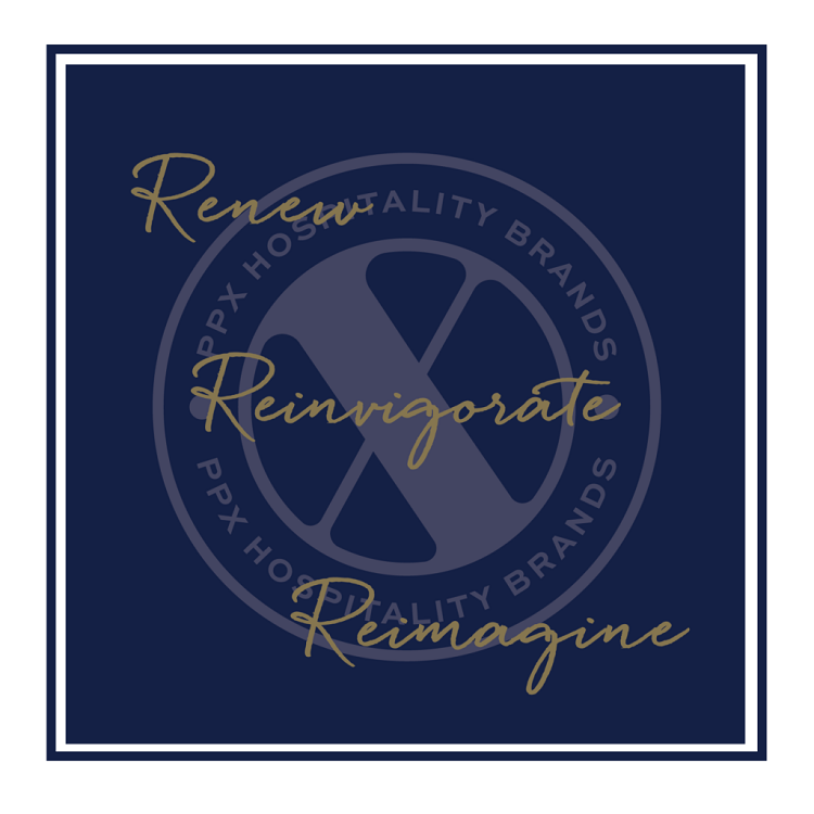 Dark blue square with a circular logo in the center. The words 